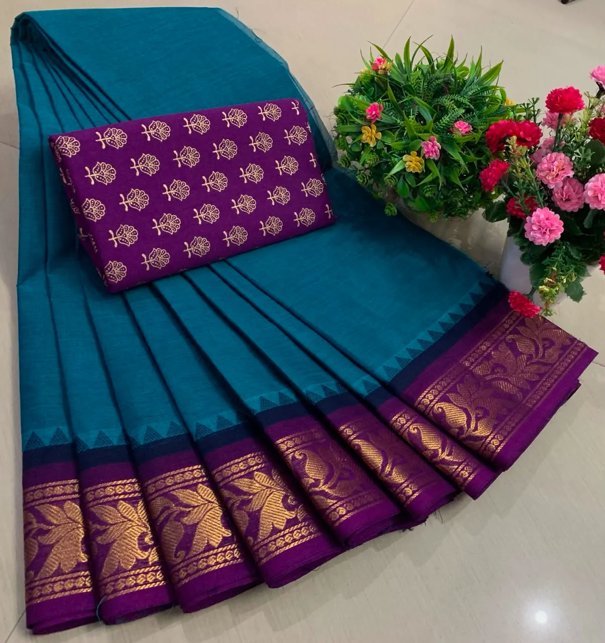 Turquoise Blue Chettinadu Pure Cotton Saree with Kalamkari Blouse